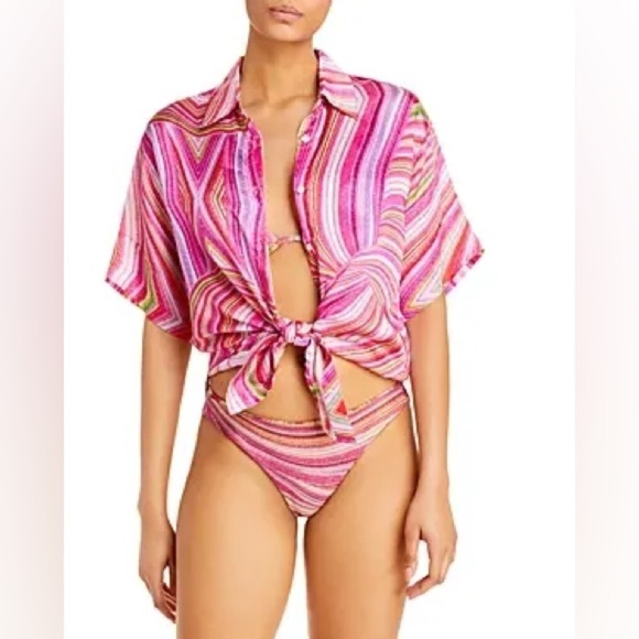 NWT Frankie’s Bikinis Fifi Button Down Short Sleeve Multi Colored Blouse Sz M - Picture 9 of 9